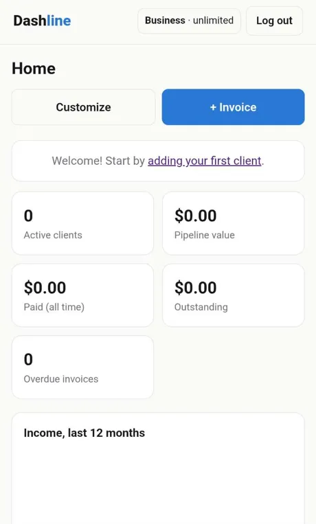 Dashline Home dashboard screen on a phone